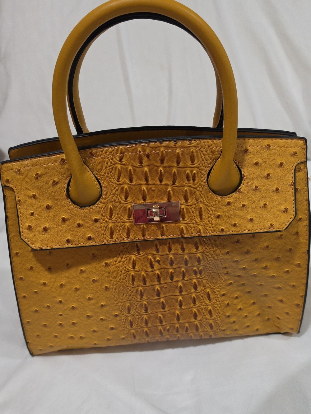 Mustard Yellow Structured Ostrich Texture Vegan Leather Tote Bag